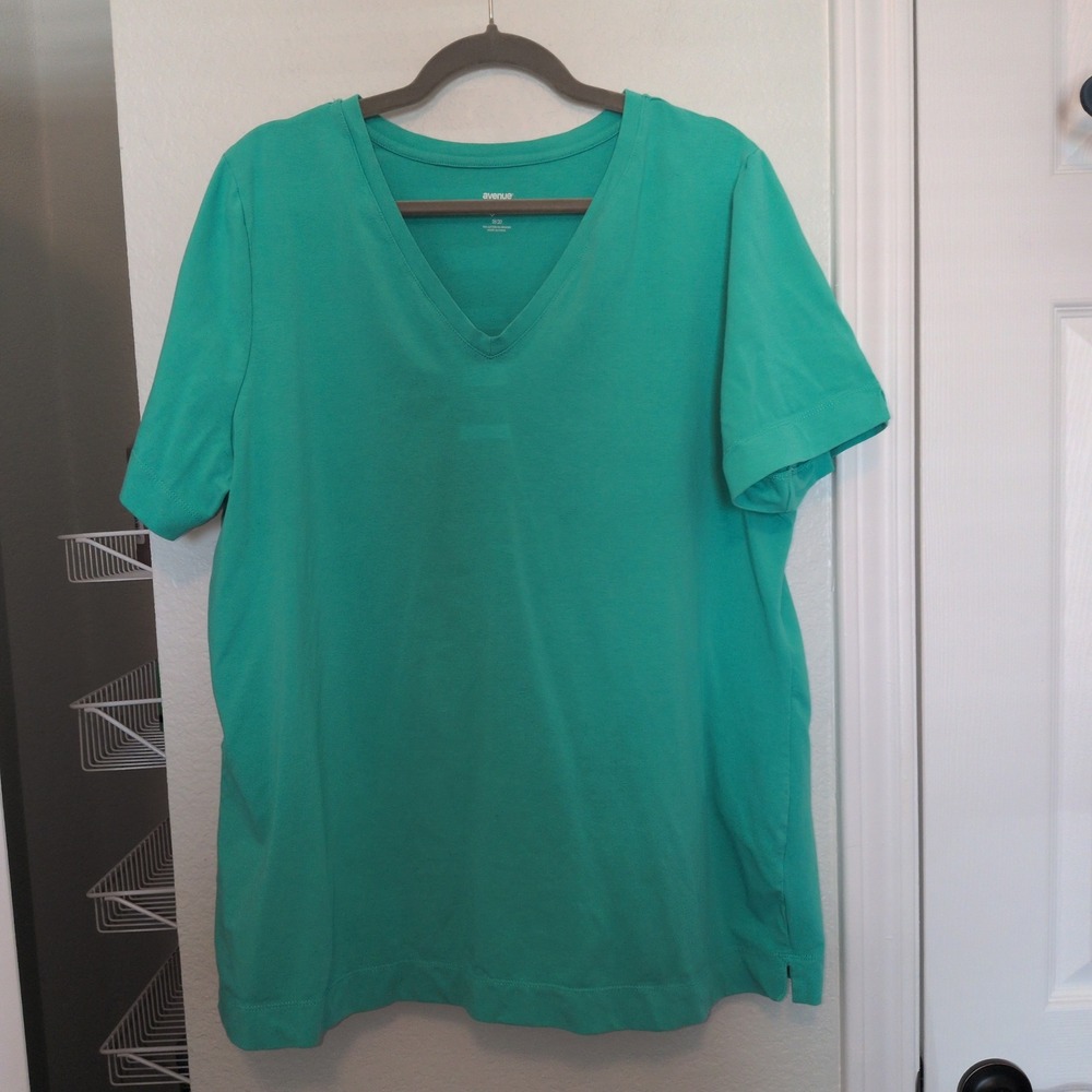 Plus Size Avenue V-Neck Tee Women 18/20 Teal Short Sleeve Cotton Blend Side Slit